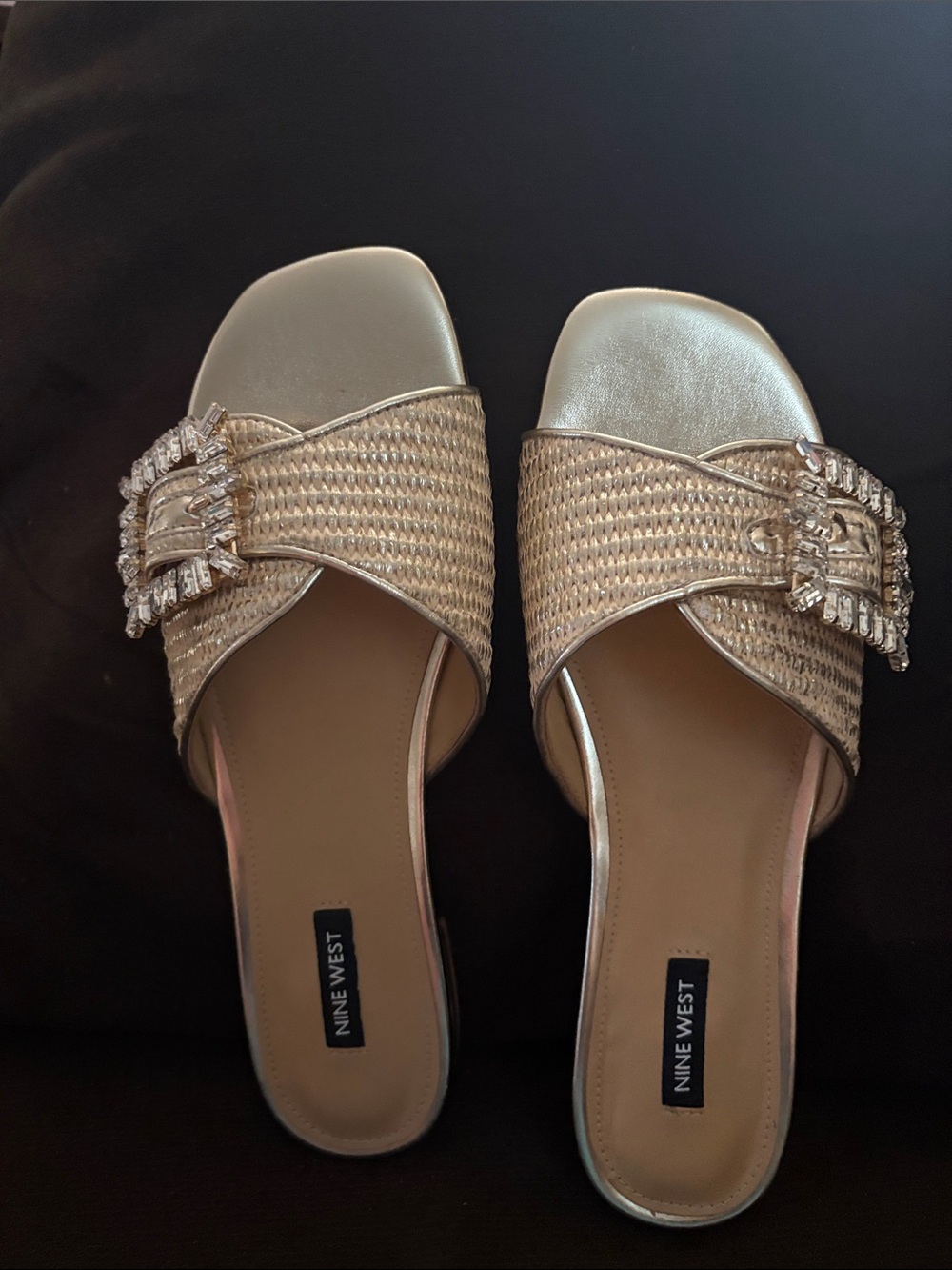 Nine West Metallic Gold Woven Mule Slides with Crystal Buckle